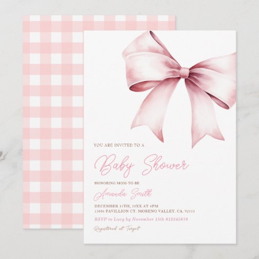 Elegant Blush Roze Bow Coquette Meisje Baby shower Kaart (Voorkant / Achterkant)