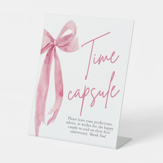 Elegant Blush Roze Bow Tijd Capsule Game Sign Reclamebord Met Voetstuk (Voorkant)