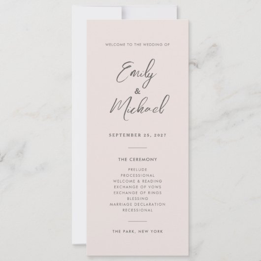 Elegant Blush Roze Eenvoudig Trouwprogramma Kaart (Voorkant)