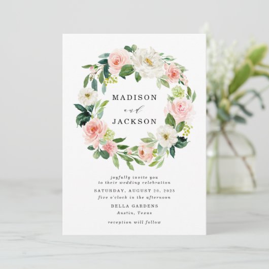 Elegant Blush Roze en Wit Bloemen Krans Bruiloft Kaart (Staand voorkant)