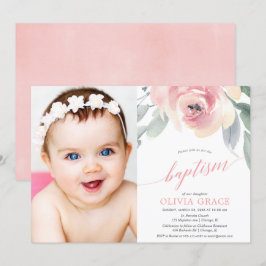 Elegant blush roze floral girl baptisfoto kaart