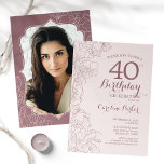 Elegant Blush Roze Foto 40e Verjaardagsfeest Kaart<br><div class="desc">Elegante Blush Roze Mauve Foto 40e Verjaardagsfeestuitnodiging. Minimalistisch modern ontwerp met botanische contourtekeningen,  accenten en lettertype. Eenvoudige trendy uitnodigingskaart perfect voor een stijlvol vrouwen dagfeest. Kan worden aangepast aan elke leeftijd. Gedrukte Zazzle-uitnodigingen of direct download digitale afdrukbare sjabloon.</div>