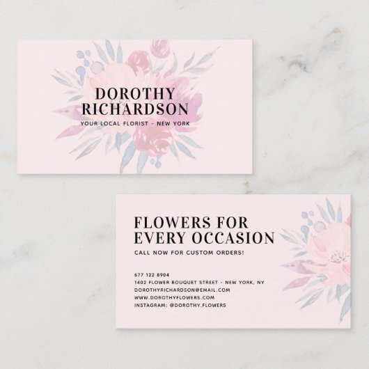 Elegant blush roze gedempt waterverf bloemenboeket visitekaartje (Voorkant / Achterkant)