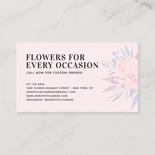 Elegant blush roze gedempt waterverf bloemenboeket visitekaartje (Achterkant)