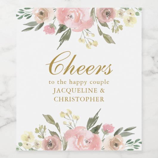 Elegant Blush Roze Goud Bloemen Bruiloft Custom Wijn Etiket (Enkel label)
