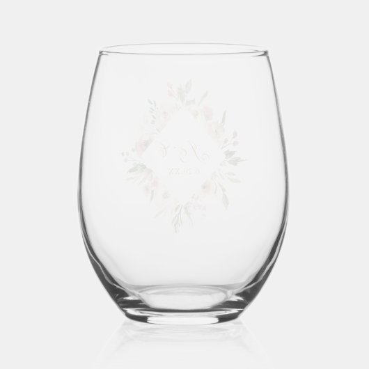 Elegant Blush Roze Goud Bloemen Bruiloft Monogram Wijnglas Zonder Voet (Achterkant)