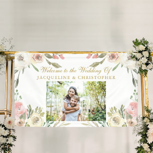 Elegant Blush Roze Goud Bloemen Foto Bruiloft Spandoek