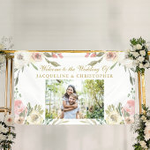 Elegant Blush Roze Goud Bloemen Foto Bruiloft Spandoek
