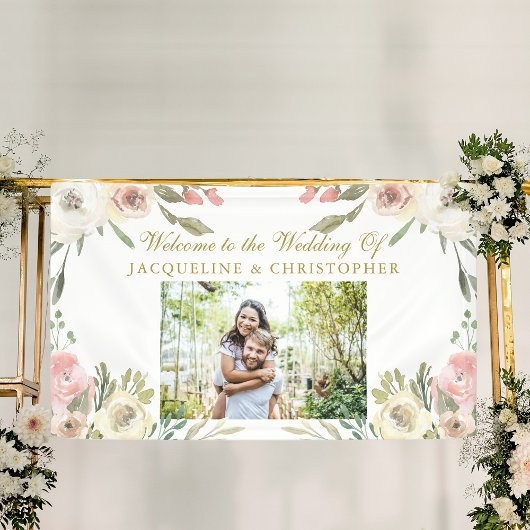 Elegant Blush Roze Goud Bloemen Foto Bruiloft Spandoek