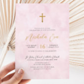 Elegant Blush Roze Goud Kruis Meisjes Doop Kaart