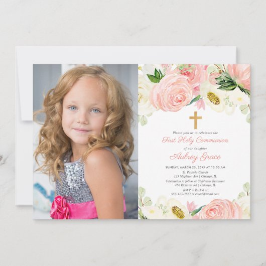 Elegant blush roze goudmeisje eerste communiqué fo kaart (Voorkant)