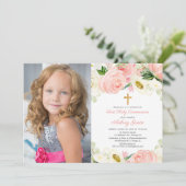 Elegant blush roze goudmeisje eerste communiqué fo kaart (Staand voorkant)