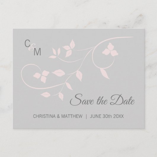 Elegant Blush Roze & Grijs Bruiloft SAVE THE DATE Aankondigingskaart (Voorkant)