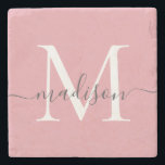 Elegant Blush Roze Grijs Monogram Vrouwelijk Scrip Stenen Onderzetter<br><div class="desc">Elegant Blush Roze Grijs Monogram Vrouwelijk Script Naam Stone Onderzetter</div>