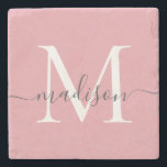 Elegant Blush Roze Grijs Monogram Vrouwelijk Scrip Stenen Onderzetter<br><div class="desc">Elegant Blush Roze Grijs Monogram Vrouwelijk Script Naam Stone Onderzetter</div>
