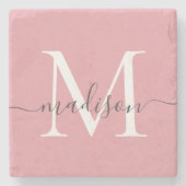 Elegant Blush Roze Grijs Monogram Vrouwelijk Scrip Stenen Onderzetter (Voorkant)