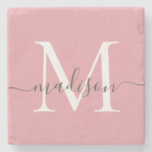 Elegant Blush Roze Grijs Monogram Vrouwelijk Scrip Stenen Onderzetter