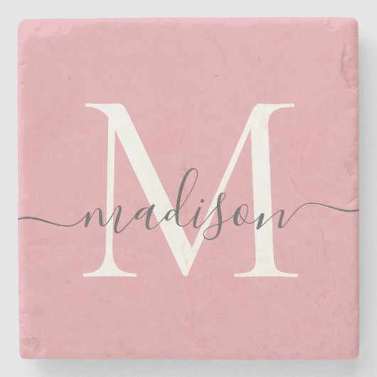 Elegant Blush Roze Grijs Monogram Vrouwelijk Scrip Stenen Onderzetter (Voorkant)
