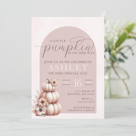 Elegant Blush Roze Herfst Pompoen Baby shower Kaart (Staand voorkant)