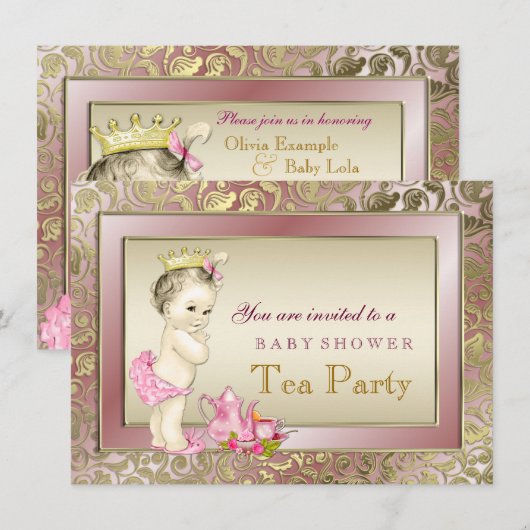 Elegant Blush Roze Meisjes Tea Party Baby shower Kaart (Voorkant / Achterkant)