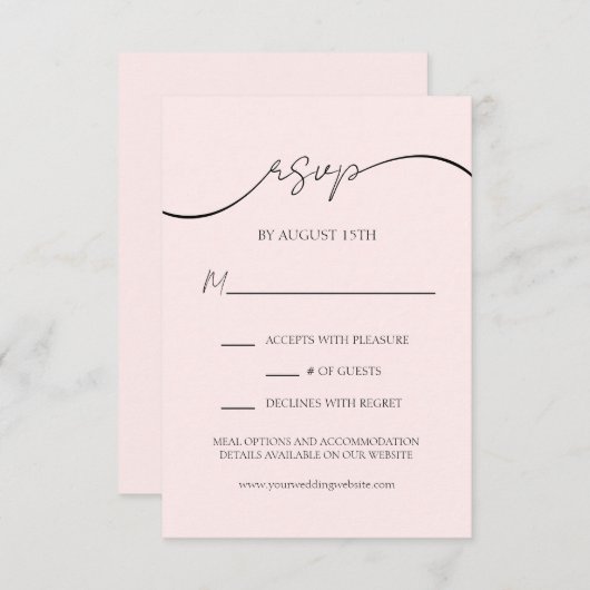Elegant Blush Roze Modern Script Bruiloft RSVP Kaa (Voorkant / Achterkant)