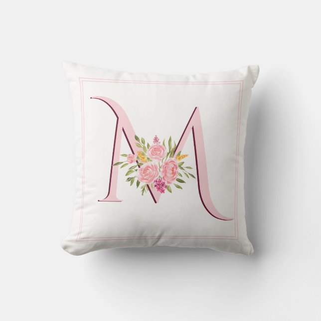 Elegant blush roze monogram en rozen floral kussen (Voorkant)