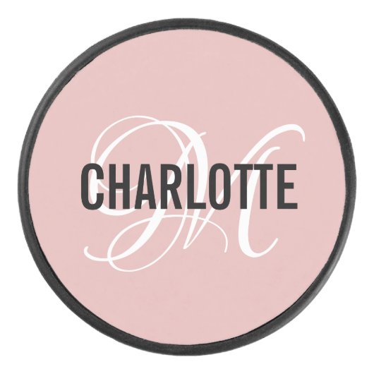 Elegant blush roze monogram naam hockey puck (Voorkant)