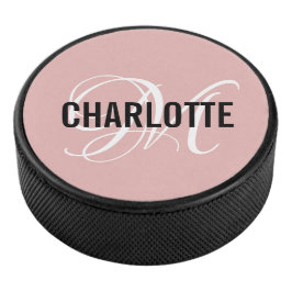 Elegant blush roze monogram naam hockey puck