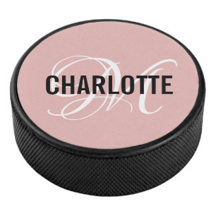 Elegant blush roze monogram naam hockey puck
