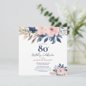 Elegant Blush Roze Navy Blauw Bloemen 80ste Verjaa (Staand voorkant)