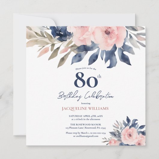 Elegant Blush Roze Navy Blauw Bloemen 80ste Verjaa (Voorkant)