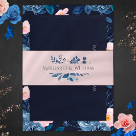 Elegant Blush Roze & Navy Blauw Bloemen Bruiloft Uitnodigingen Wikkel