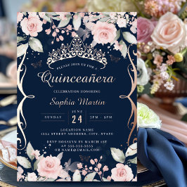 Elegant Blush Roze Navy Roos Goud Quinceanera Folie Uitnodiging