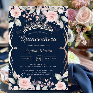 Elegant Blush Roze Navy Roos Goud Quinceanera Folie Uitnodiging