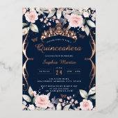 Elegant Blush Roze Navy Roos Goud Quinceanera Folie Uitnodiging (Voorkant)