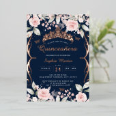 Elegant Blush Roze Navy Roos Goud Quinceanera Folie Uitnodiging (Staand Voorkant)