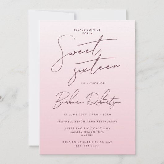 Elegant Blush Roze Ombre Script Sweet Sixteen Kaart (Voorkant)