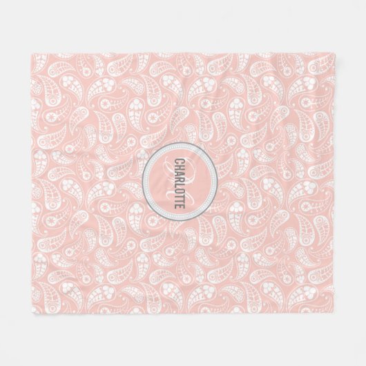 elegant blush roze paisley monogram fleece deken (Voorkant (Horizontaal))