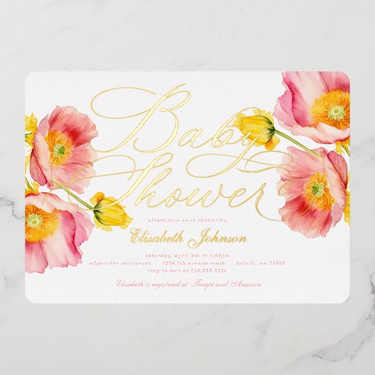 Elegant Blush Roze Peach Bloemen Baby shower Folie Uitnodiging (Voorkant)