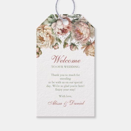 Elegant Blush Roze Pioenen Bruiloft Favor Label Cadeaulabel (Voorkant)