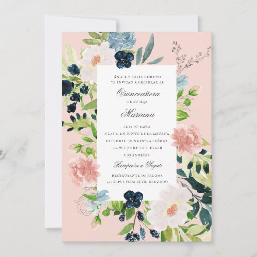 Elegant Blush Roze Romantic Garden Quinceañera Kaart (Voorkant)