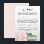 Elegant Blush roze Romantic Roos Weddenschap Detai Informatiekaartje<br><div class="desc">Deze mooie trouwbijsluitkaart is ontworpen om u extra ruimte te bieden voor alle informatie die uw gasten nodig hebben, zoals website, register, ontvangst, reizen, accommodaties of andere details. De kaart is voorzien van een prachtig ontwerp met één enkel reflecterend, lichtroze roos met kleur en een lacy script calligrafietoestel dat "de...</div>