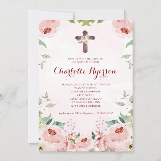Elegant Blush Roze Rose Bloemen Doop Kaart (Voorkant)