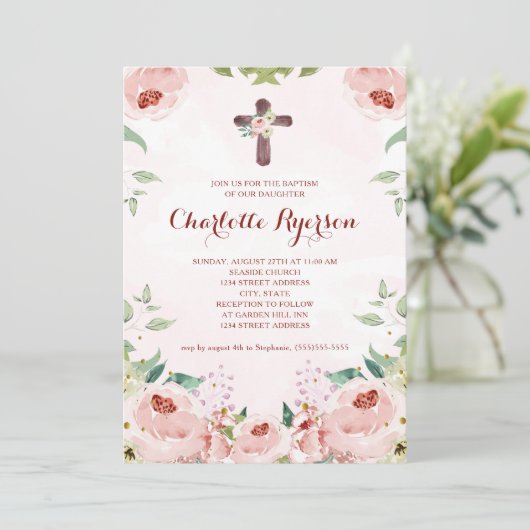 Elegant Blush Roze Rose Bloemen Doop Kaart (Staand voorkant)