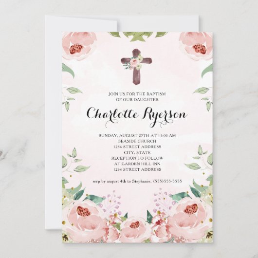 Elegant Blush Roze Rose Bloemen Doop Kaart (Voorkant)