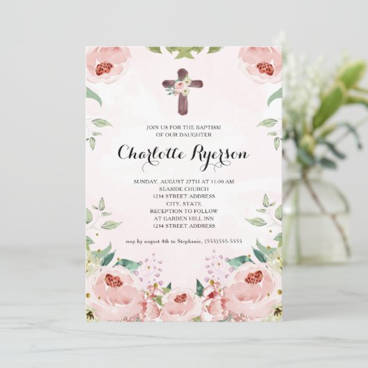 Elegant Blush Roze Rose Bloemen Doop Kaart (Staand voorkant)