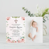 Elegant Blush Roze Rose Bloemen Foto Doop Kaart (Staand voorkant)