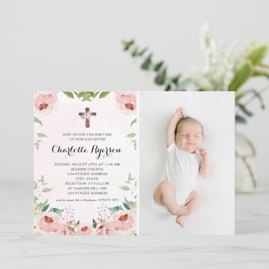 Elegant Blush Roze Rose Bloemen Foto Doop Kaart (Staand voorkant)