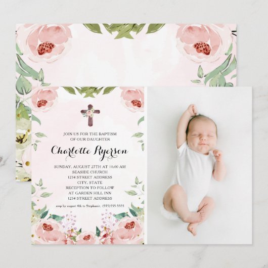 Elegant Blush Roze Rose Bloemen Foto Doop Kaart (Voorkant / Achterkant)