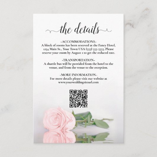 Elegant Blush Roze Rose Bruiloft Details QR Code Informatiekaartje (Voorkant)